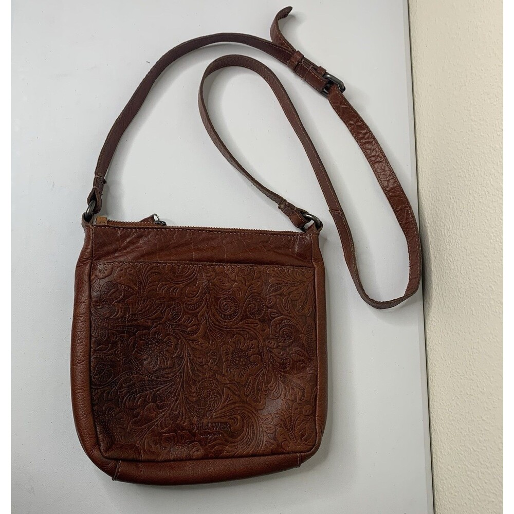 Wild West Los Angeles Floral Brown Leather Crossbody Purse Green Plaid Lining